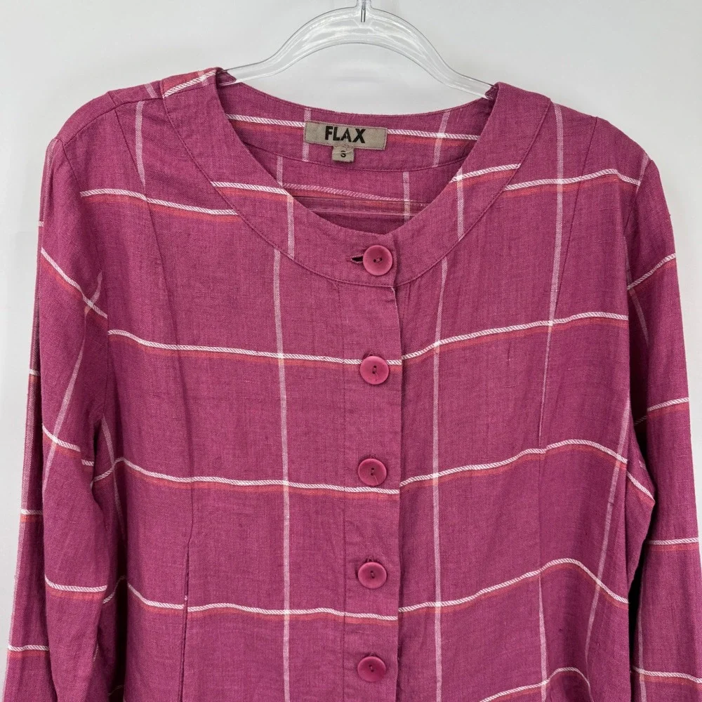 Flax Button Front Jacket Womens Small Pink Windowpane Plaid 100% Linen Boxy